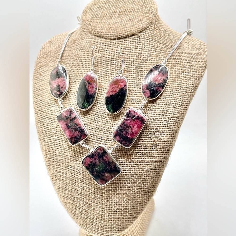 Rhodonite Necklace & Earrings Set